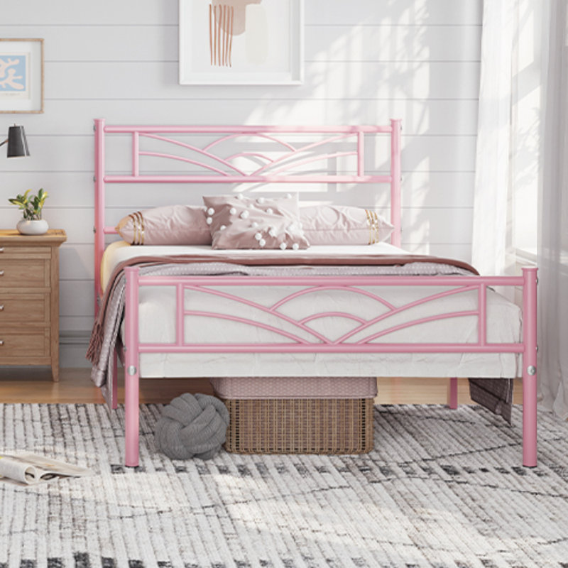 88.5cm Height Metal Bed Frame with Cloud-inspired Design Headboard, Single (3'), Pink