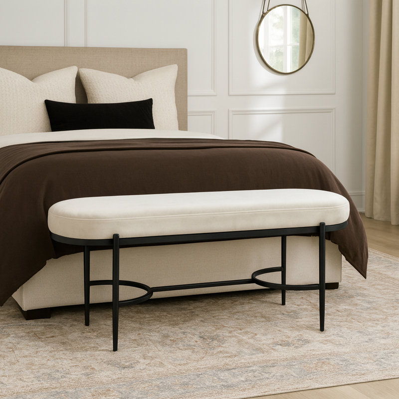 Luxurious Velvet Bench with Metal Base Frame – Upholstered Bench  for Bedroom Décor, Living Room Décor, and Dining Room Seating – Style and Comfort Multi-Purpose Accent Furniture – 47.5", Ivory