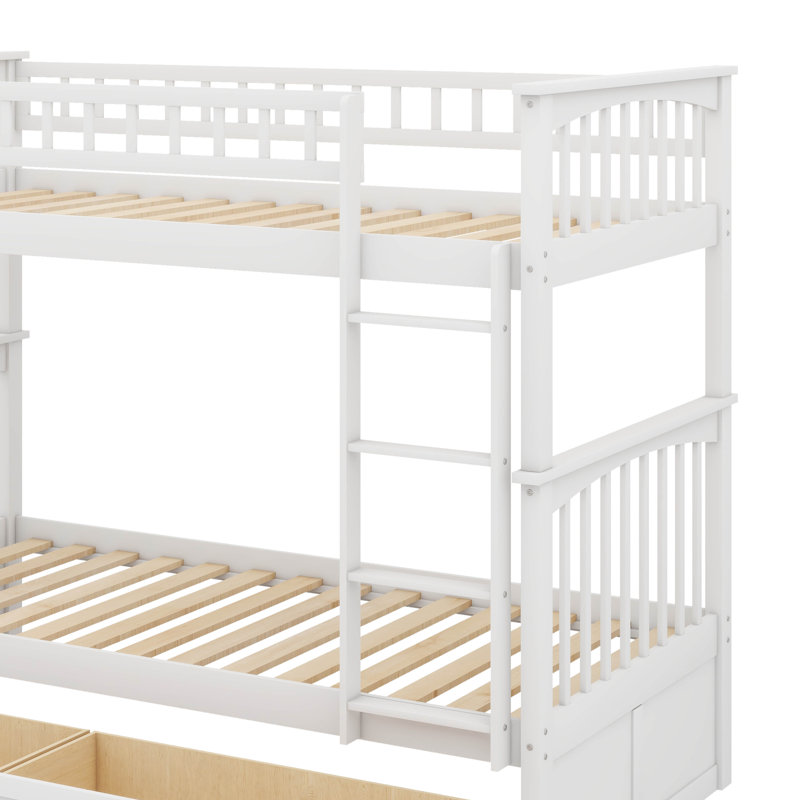 Lit superposé simple au-dessus de simple avec tiroirs de rangement polyvalent convertible en deux lits de jour, Blanc