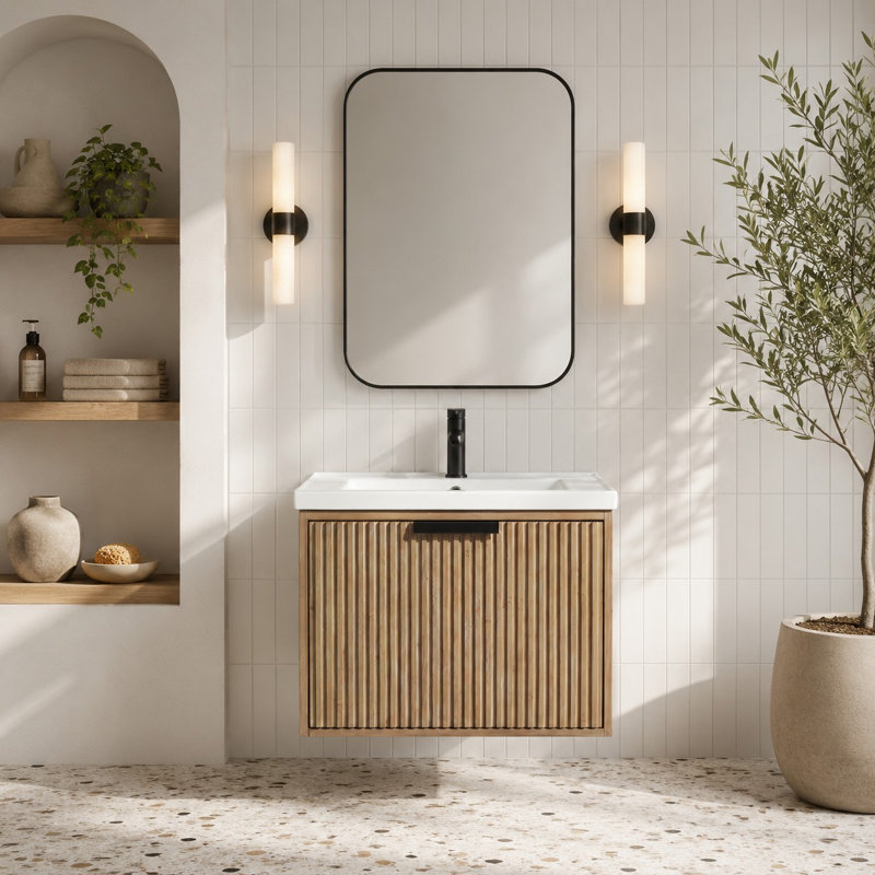 Ensemble de meuble-lavabo simple mural 24 po Anelie, Sapin vieilli, Noir mat