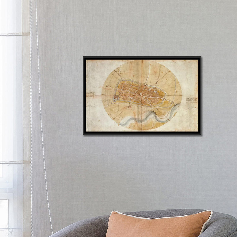 « map of imola, 1502 » par leonardo da vinci-impression d’art graphique sur toile tendue, H 18 po x l 26 po x P 1,5 po