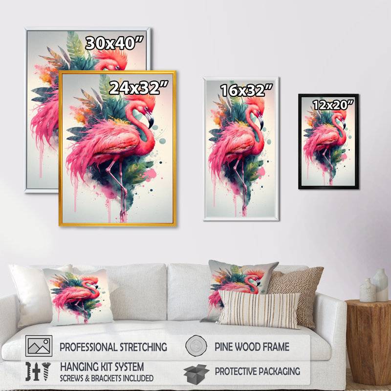 Adorables flamants roses, art floral IV - peinture sur toile, H 20 po x l 12 po x P 1 po, Toile avec cadre flottant noir