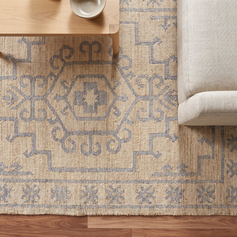 Tapis en mélange de jute fait à la main Laverle Farmhouse Medallion, Bleu, Rectangle 5 pi x 7 pi 9 po