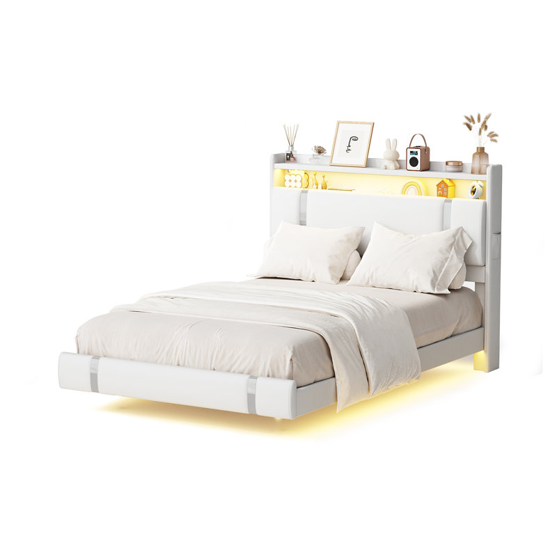 Komor Upholstered Storage Bed with Charging Station and LED Lights, Full, White