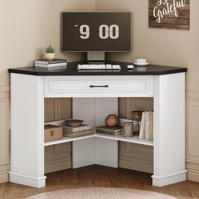 31.5" Small Corner Desk, Corner Desk For Small Space, Farmhouse Corner Computer Desk With Drawers, Small Computer Desk With Storage Shelves For Home Office, Living Room, Bedroom