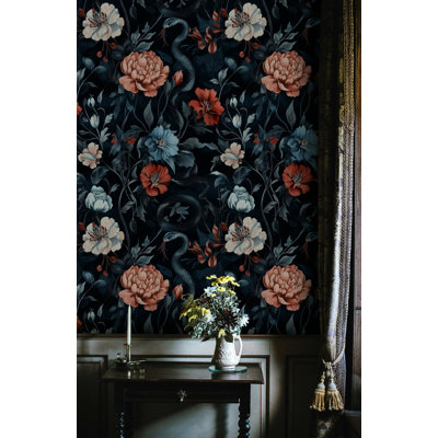 Enchanted Garden Floral Wallpaper with Mystical Snake Wall Mural Peel and Stick Roll