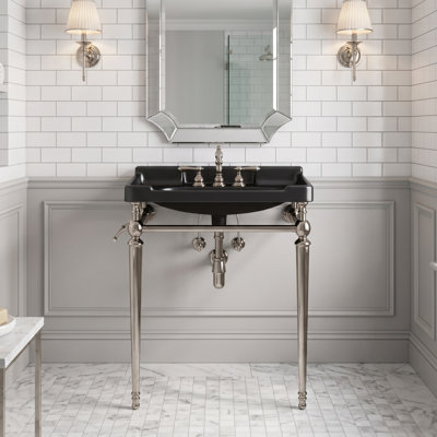 Meuble-lavabo mural autoportant en céramique noir 28 po avec pieds de support en acier inoxydable et barre à serviettes 28 po