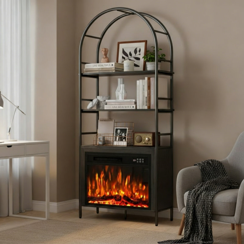 72" Arched Fireplace Bookshelf with Adjustable Shelves, Tall Media Cabinet, Black