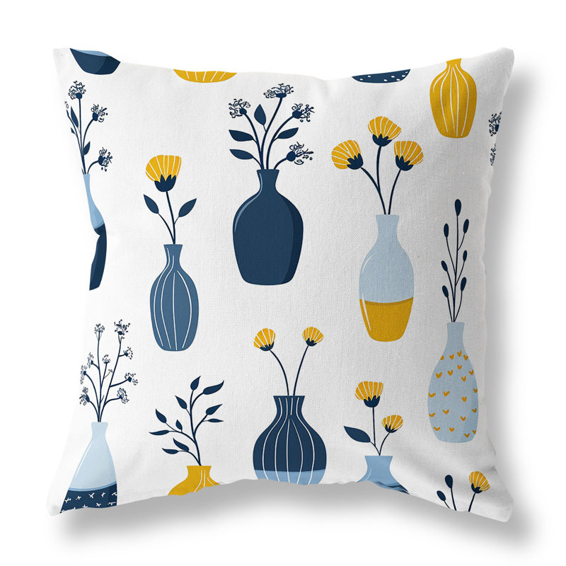Coussin décoratif intérieur / extérieur Vase of Dreams, H 16 po x l 16 po, Bleu / blanc / jaune