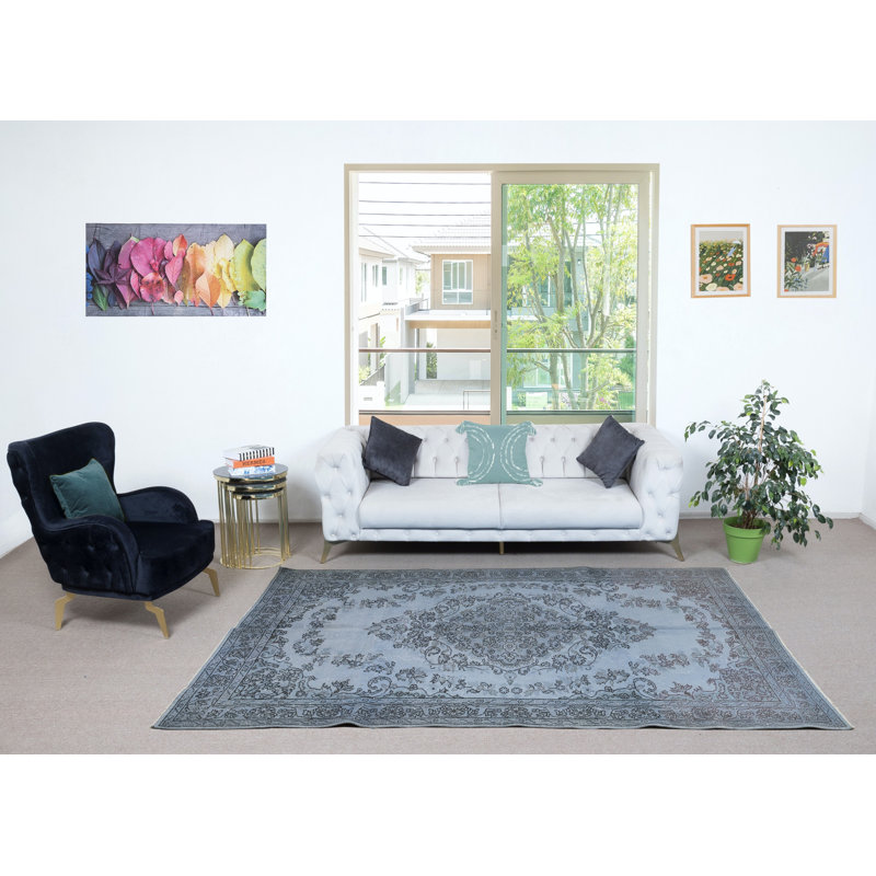 Tapis contemporain bleu 6 pi x 9,2 pi tissé et noué à la main en Turquie