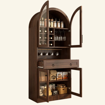 Meuble-bar arqué, meuble-bar à café de style milieu du siècle avec étagère réglable et 5 crochets, 9 casiers à bouteilles, 3 porte-verres, portes en verre trempé, meuble à vin et spiritueux avec un grand tiroir
