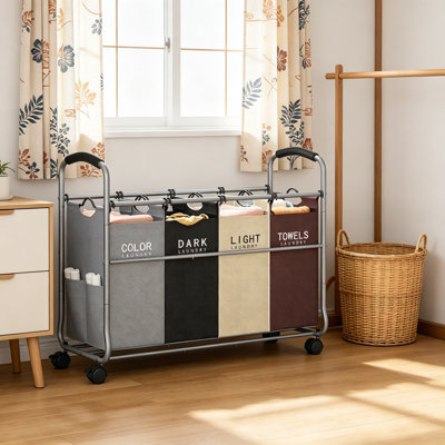 Laundry Sorter 4 Sections, Rolling Laundry Hamper with Heavy Duty Lockable Wheels, Removable Bags for Dirty Clothes Storage, Sturdy Cast Iron Frame with Non-Sag Design