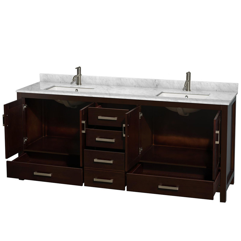 Meuble-lavabo double autoportant avec plateau en marbre Sheffield, Carrera blanche, Espresso