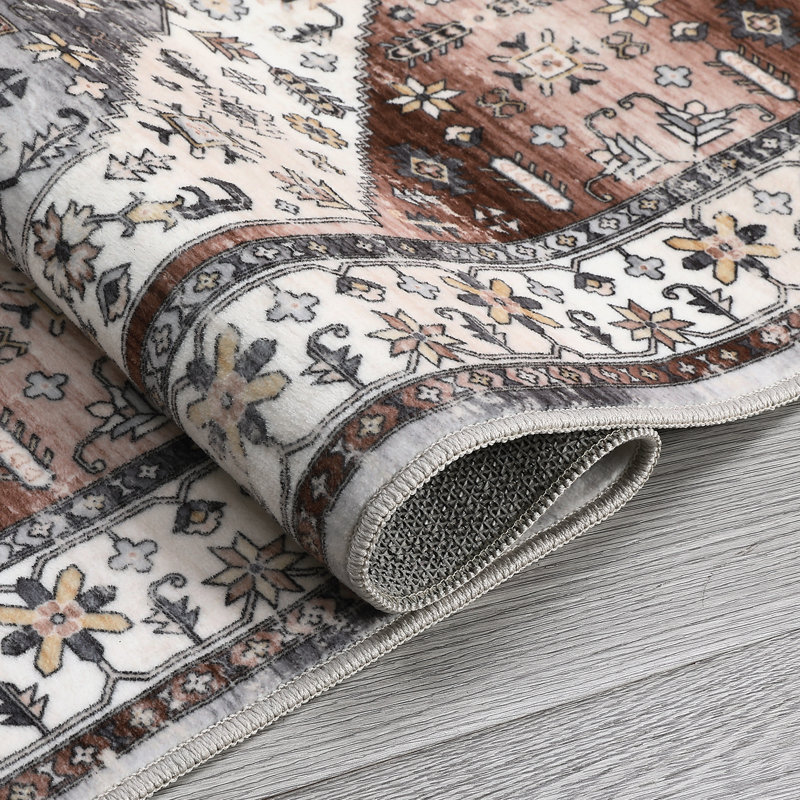Oriental Machine Washable Area Rug with Rubber Backing for Living Room Non-Slip Indoor Carpet Low-Pile Rug for Bedroom Dining Room Hallway Kitchen Office Playroom Nursery