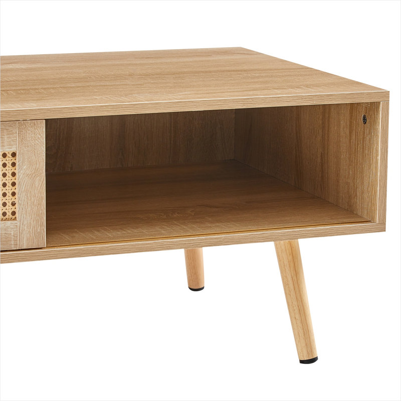 Table basse rectangulaire en rotin avec rangement à porte coulissante, finition aux tons naturels, largeur de 41,34 pouces
