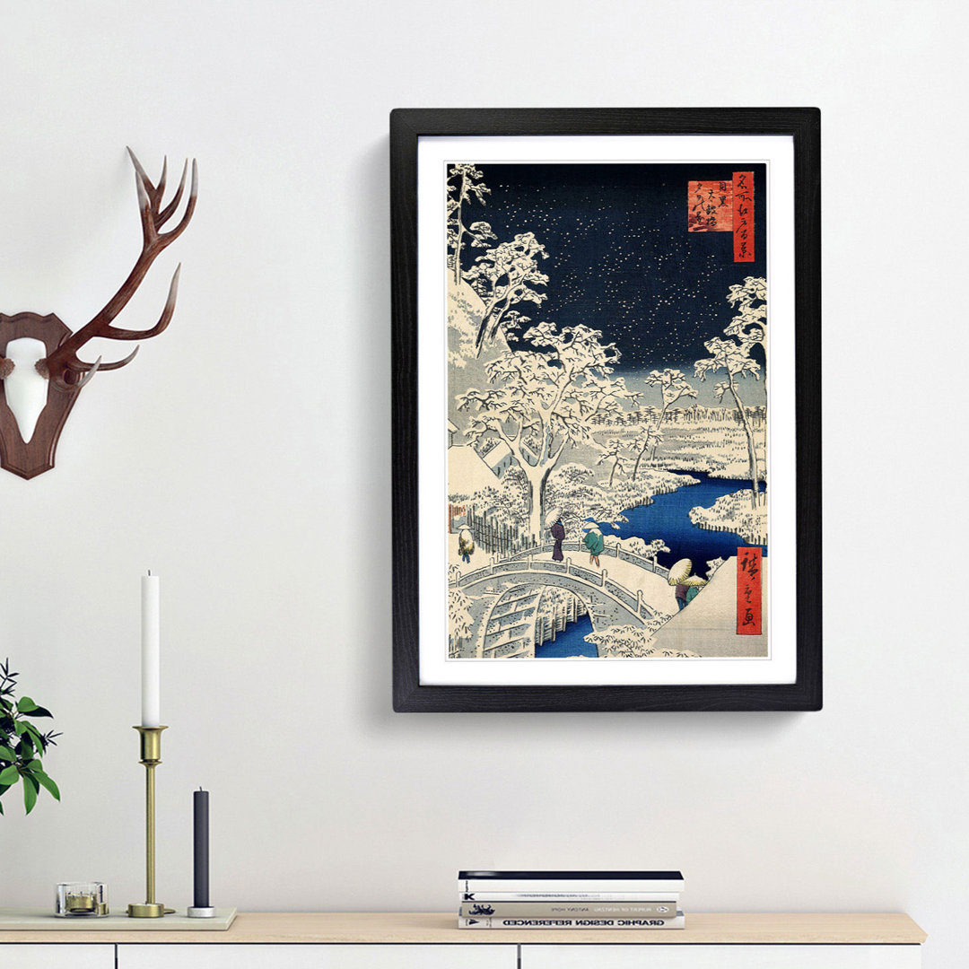 Meguro Drum Bridge and Sunset Hill by Utagawa Hiroshige - Framed Print