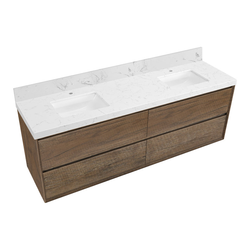 Meuble-lavabo mural moderne en chêne avec lavabo, panneau de fibres et bois massif