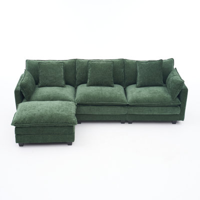 Spacious Dark Green L-shaped Sofa With Storage Ottoman, Modern Upholstered Couch For Living Room