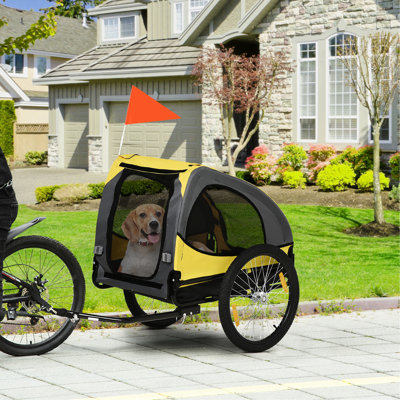Yellow Medium Dog Bike Trailer - Steel Frame, Mesh Windows For Airflow Pet Carrier . Strong Quick Disassembly. Travel Wagon With Provisions