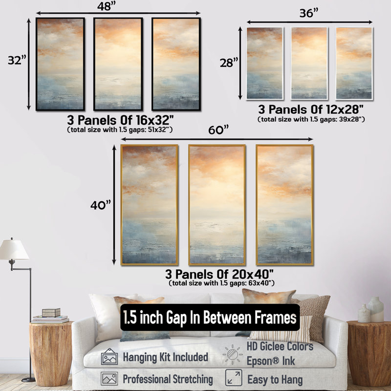 Beige et plage dorée coucher de soleil horizon II, Cadre flottant noir, H 28 po x l 36 po x P 1 po