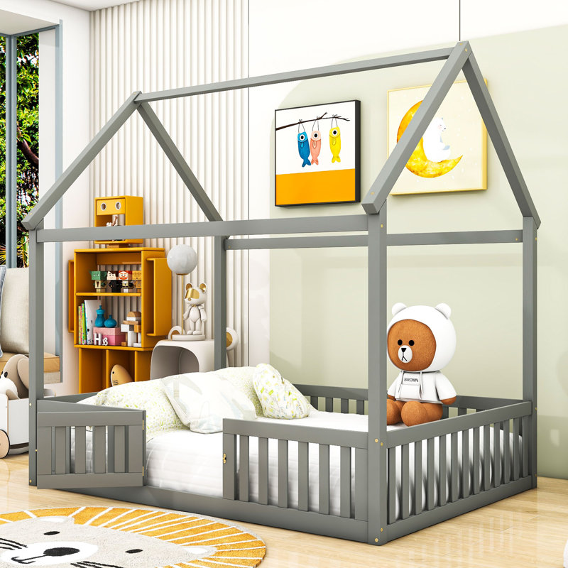  Lit plateforme double en bois, gris