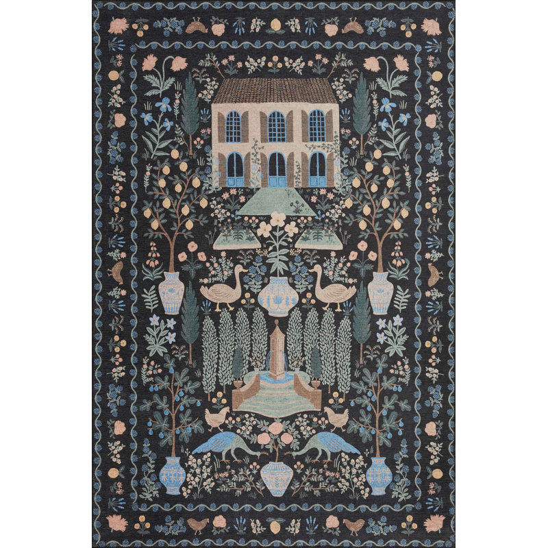 Rifle Paper Co. x Loloi Menagerie MEN-03 Camont Black Rug, Square 1'6"
