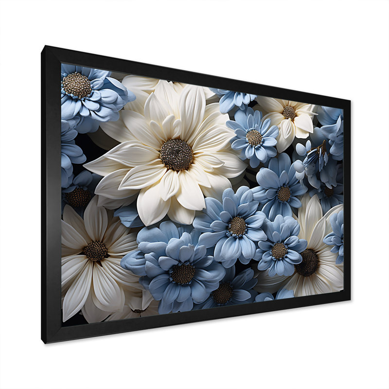 Marguerite blanche et bleue Innocence sur toile, Cadre photo noir, H 16 po x l 32 po