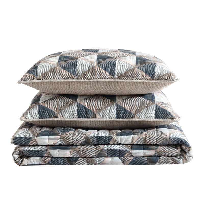 Geometric Gray and Brown Microfiber King Quilt Set