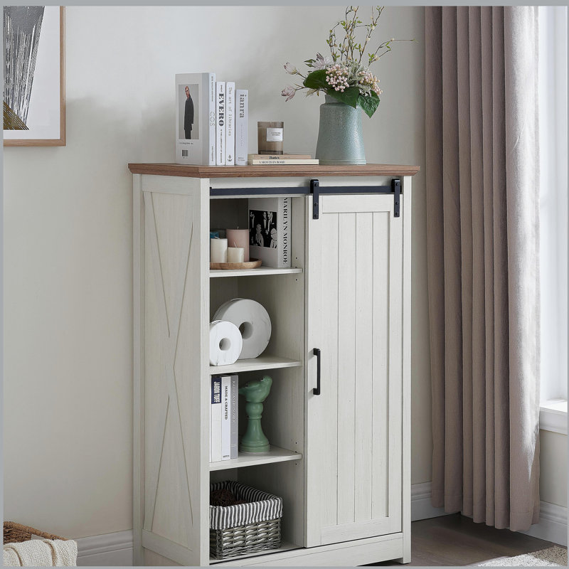 Commode 5 tiroirs avec porte de grange coulissante, commode haute de style campagne moderne à 5 tiroirs, commode de rangement pour chambre à coucher, couloir, salon, chambre d'enfant BLANC
