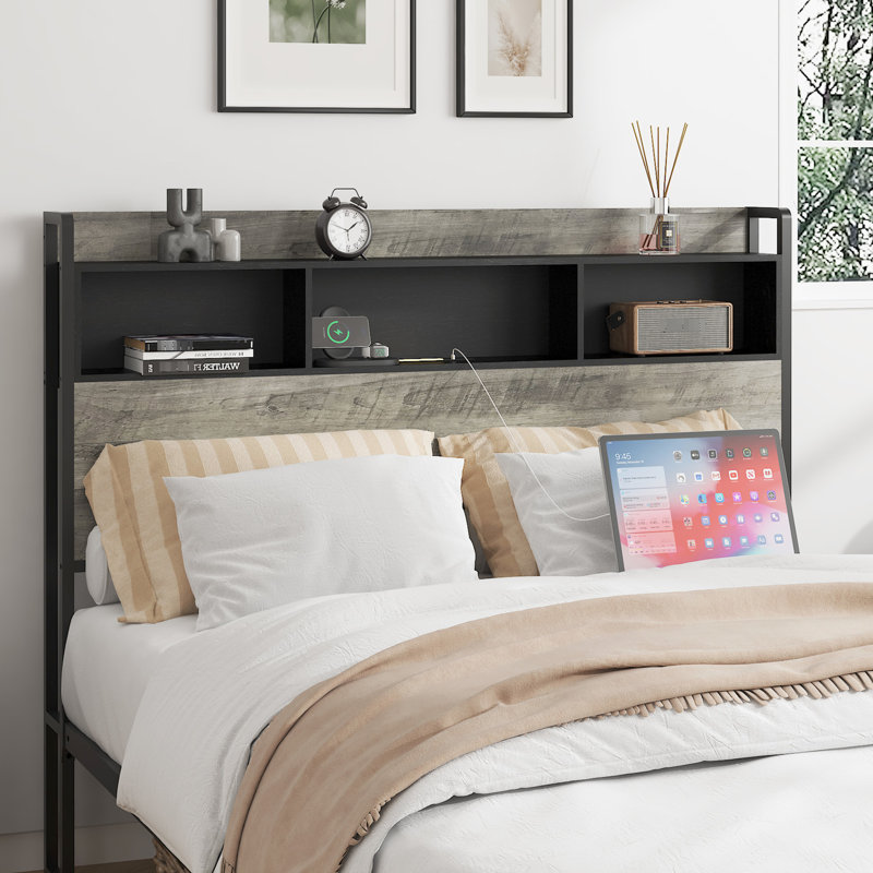 Single Bed Frame With Head Storage And A Central Charging Point, Gray Wood Tone, Metal Structure, Quick Assembly For Bedroom Setup - End Station, Tone Frame, & Build, Room