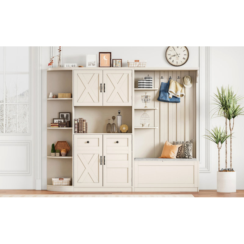 Armoire de vestibule multifonctionnelle gauche-droite avec rangement et 4 crochets, Beige