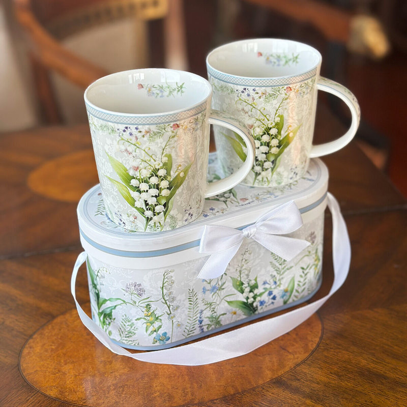 Lily of the Valley White Ceramic Floral Mug Set