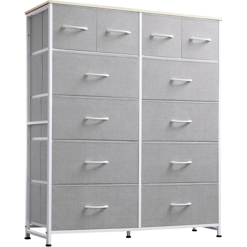 Tall Fabric Dresser With 12 Drawers For Bedroom, Closet, Chests Of Drawers, Fabric Storage Dressers, Steel Frame, Light Gray