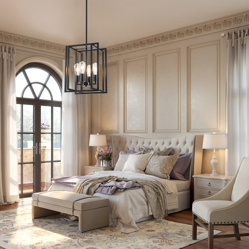 4 - Light Dimmable Farmhouse Geometric Lantern Rectangle Chandelier