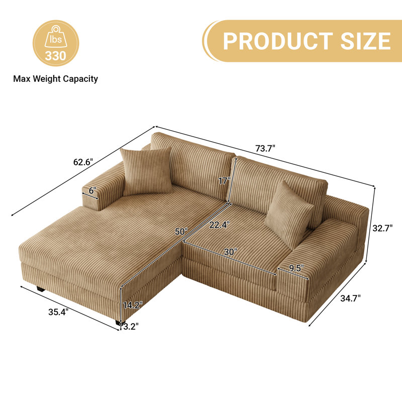 73.7" W L-Shaped Sectional Sofa 2-Piece Corduroy Oversized Modular Couch With Pillows & Reversible Chaise, Khaki Corduroy