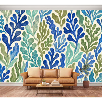 Papier peint adhésif autocollant bleu à motif de feuilles de palmier abstraites dessinées à la main avec papier autocollant amovible pour salle de séjour H 100 po x l 144 po