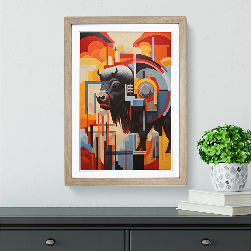 Bison Constructivism Art - Framed Print, 34cm H x 25cm W x 2cm D, Oak Framed