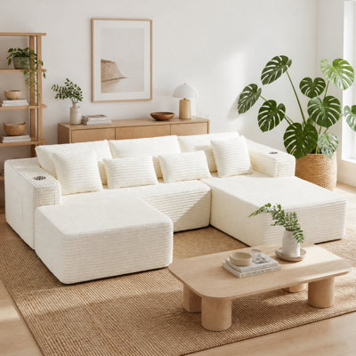 Hornbeck 108" Right Hand Facing Corner Sectional With Chaise And Ottoman Corduroy Upholstered Compression L-Shaped Sofa