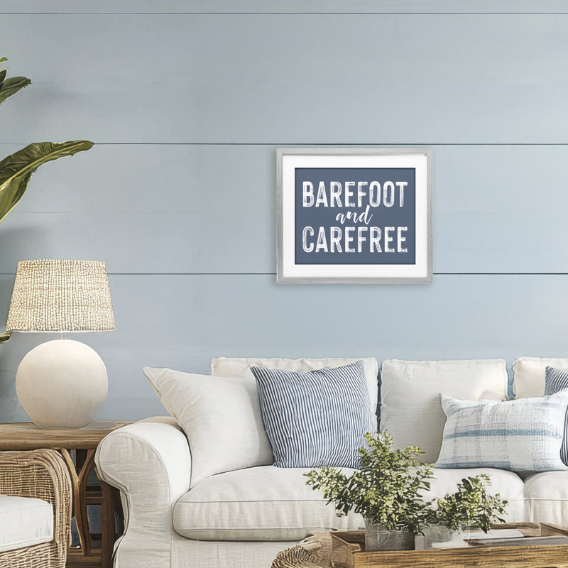 «Barefoot & Carefree Blue», reproduction encadrée sous verre, design par lettré et doublé, H 13 po x l 16 po