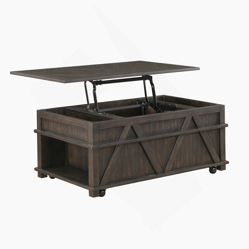Table basse traditionnelle à plateau relevable rustique avec rangement brun