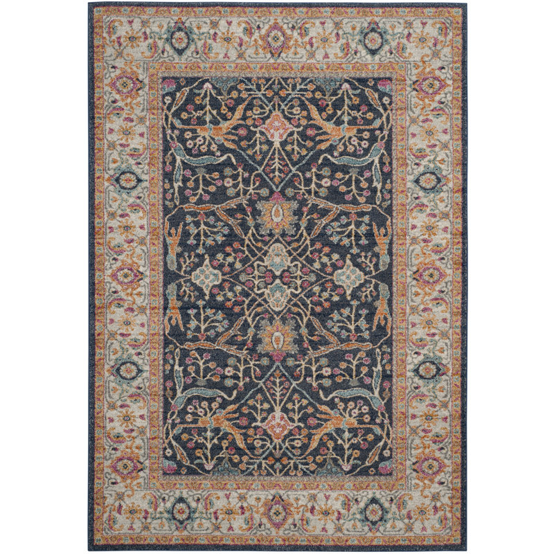 Tapis oriental crème / bleu marine / orange Christa, Rectangle 2 pi 3 po x 4 pi