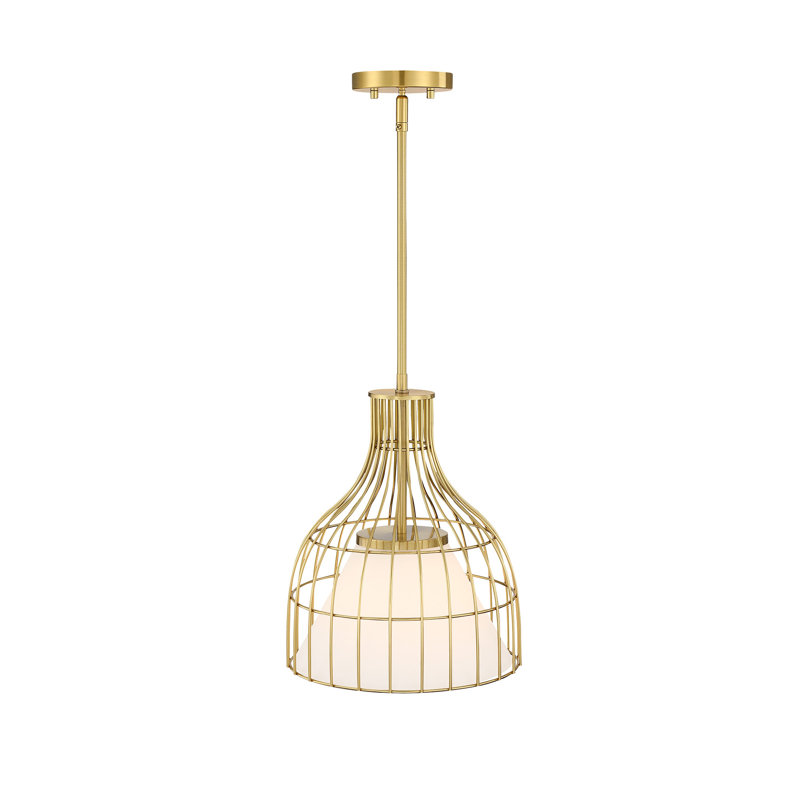 Aukerman 60 Watt 1-Light Bell Pendant with Etched Opal Glass Shade and Metal Outer Cage, 14.75" H x12" W x 12" D