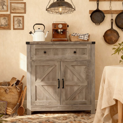 Gray-washed Wood Storage Cabinet With Classic Barn Door Design - One Drawer, Two Doors, For Kitchen, Living Room, Dining And Entryway, Black Metal Handles