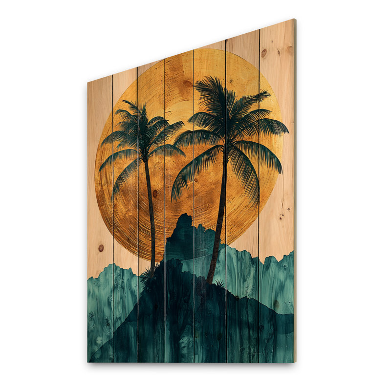 Emerald Palm Trees On Golden Tropical Sunrise II - Palms & Palm Trees Wood Print, 20" H x 10" W x 0.78" D