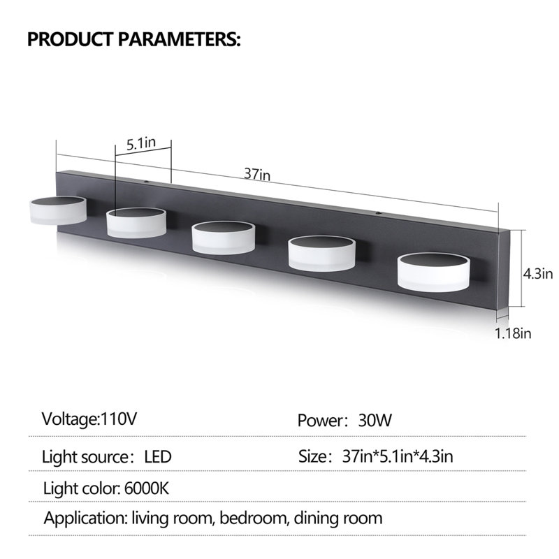 Luminaire de salle de bain 37 po à 5 lumières DEL moderne 37 po, noir élégant pour miroir, douche et décor de salle de bain