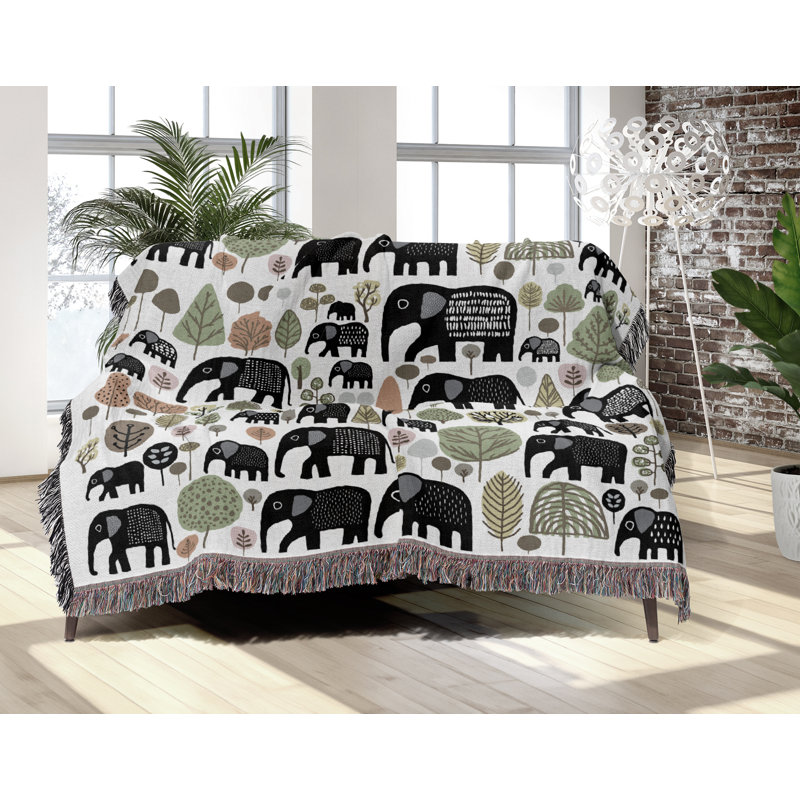 Jeté en mélange de coton Alfie Elephant, L 70 po x l 50 po, Noir / blanc cassé