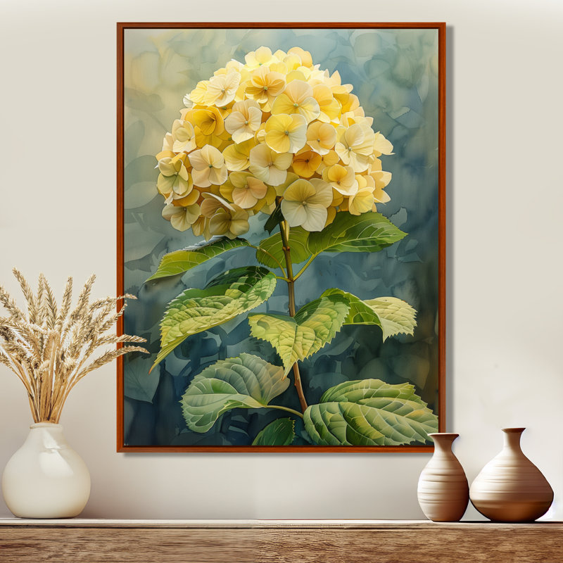 Hydrangées jaunes et vertes délicates pétales - Hortensia décoration murale, Cadre flottant brun, H 24 po x l 32 po