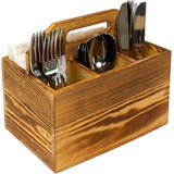Utensil And Napkin Holder Flatware Caddy With Handle In Rustic Wood For Forks, Spoons And Knives, Silverware Organizer