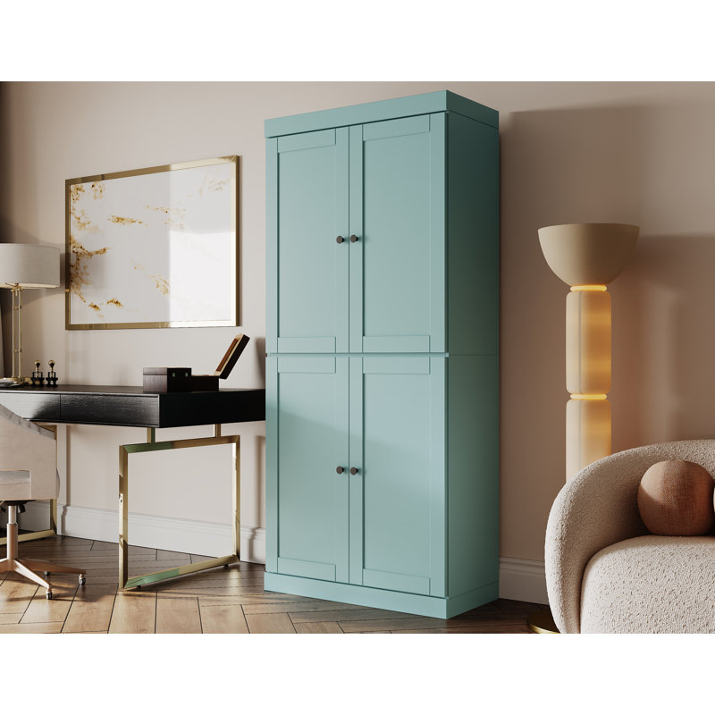 100% Solid Wood 6-Shelf Bookcase, Shaker Doors, Adjustable Shelves, 32" Wide, 71.5" Tall, Aqua Blue