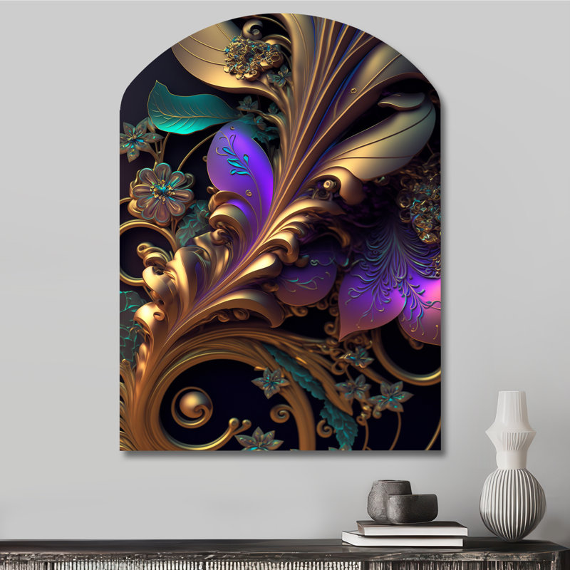Fleurs abstraites ornées en mauve et or - art mural asymétrique en forme d'arche florale, H 34 po x l 25 po
